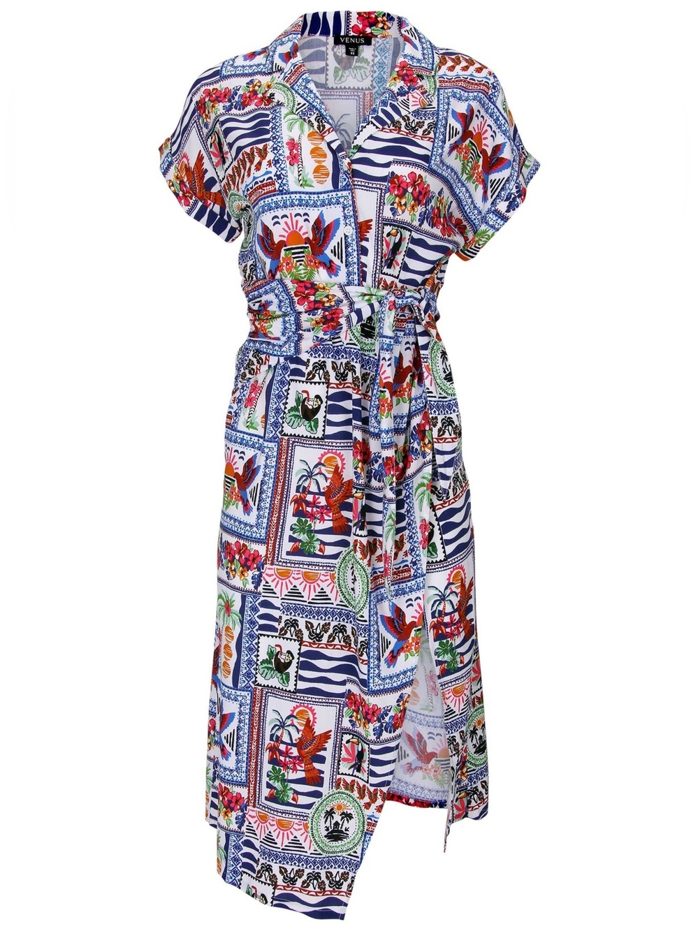 VENUS Side Tie Midi Dress in a Postcard Vacay Wrap Cruise Vacation XSP Petite